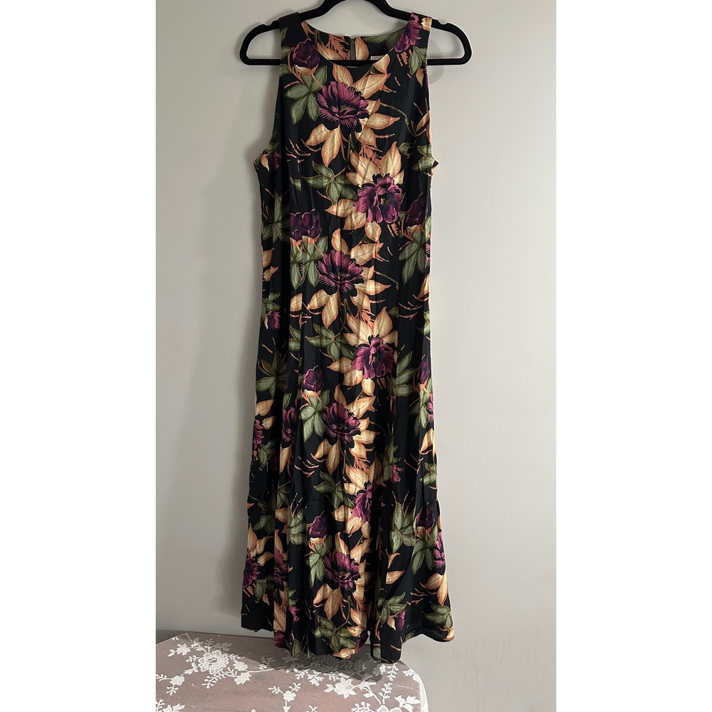 E.D. Michaels Floral Maxi Dress Womens 12 Black Purple Vintage Lace Up Excellent